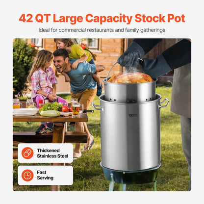 VEVOR Stainless Steel Stockpot, 42 Quart Large Cooking Pots, Cookware Sauce Pot With Strainer, Lid, And Handle, Heavy Duty Commercial Grade Stock Pot, Sanding Treatment, For Large Groups Events Silver