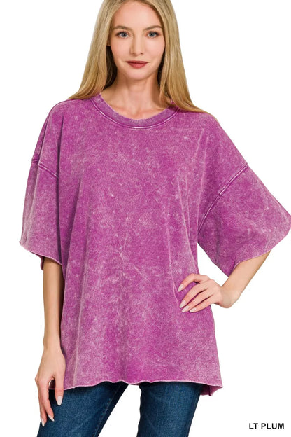 Zenana French Terry Washed Drop Shoulder Short Sleeve Top