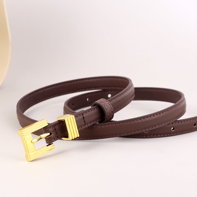 Skinny Leather Belt with Golden Buckle