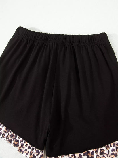 k Leopard Patchwork Trim Lapel Shirt Drawstring Shorts 2pcs Pajama Set