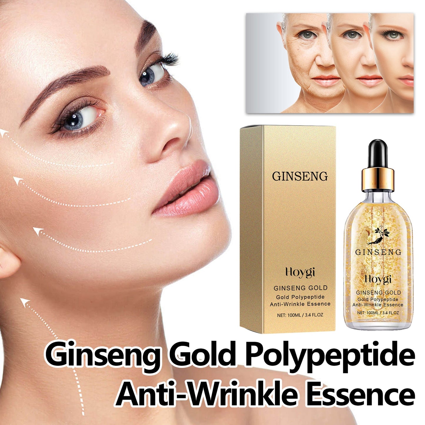 Hoygi Ginseng Gold Polypeptide Anti-Wrinkle Essence, Long-lasting moisturizing and soothing essence for dull wrinkles