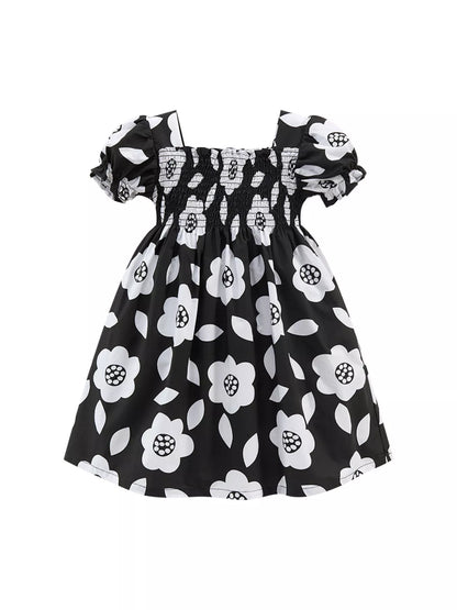 Children's Floral Print Smocked Casual Dress