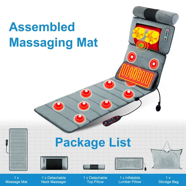 Vibration Massage Mat Full Body & Neck Kneading Massager - 20 Nodes, 3 Massage Modes&Speeds, 9 Vibration Settings, 3-Level Lumbar Heat, Inflatable Waist Pillow - Perfect Gift For Family