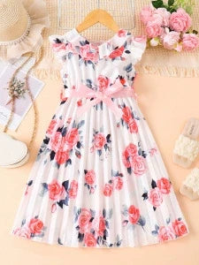 Children's Floral Print Ruffle Trim Bow Pleated Dress