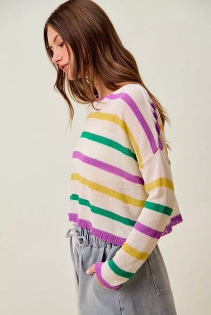 SO ME Mardi Gras Color Stripe Lightweight Sweater Top