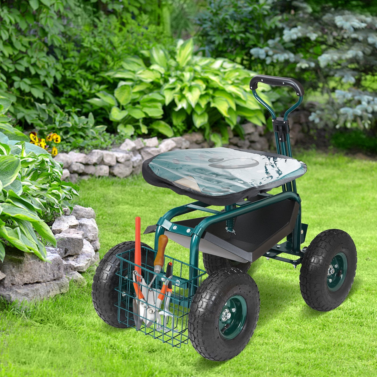 VEVOR Garden Cart Rolling Workseat With Wheels, Gardening Stool For Planting, 360 Degree Swivel Seat, Wagon Scooter With Steering Handle & Utility Tool Tray, Use For Patio, Yard, And Outdoors, Green