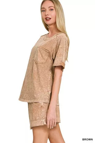Zenana Halo Snow Washed Exposed Seam Top & Shorts Set
