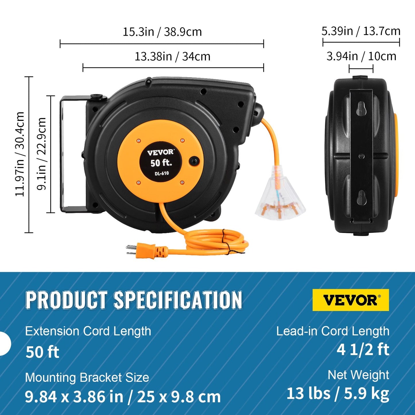 VEVOR 50ft Retractable Extension Cord Reel 14AWG 3CSJTOW Power Cord Reel