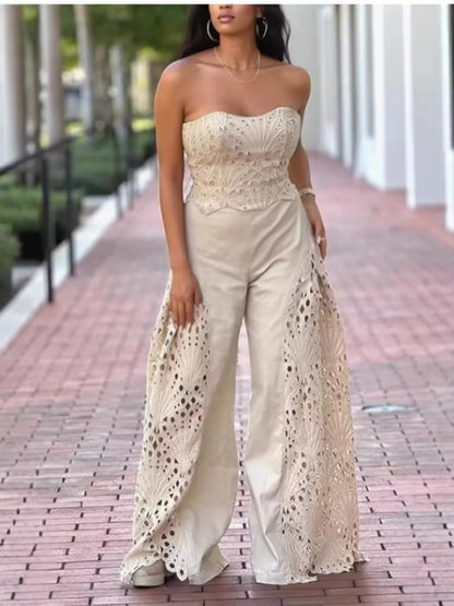 Hollow-Out Tube Top and Pants Two-Piece Set