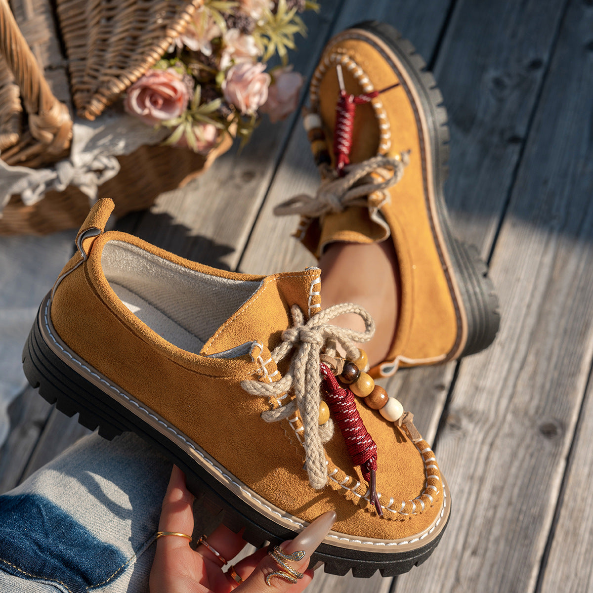 Beaded Lace-Up Loafers
