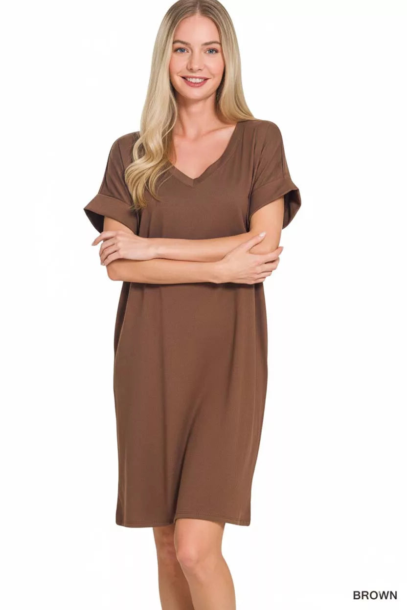 Zenana Brushed Dty Rolled Short Sleeve V-Neck Dress