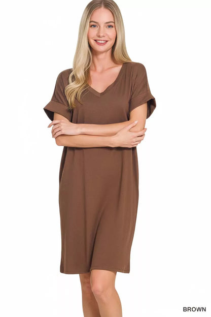 Zenana Brushed Dty Rolled Short Sleeve V-Neck Dress