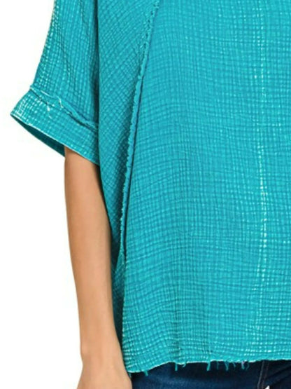 Zenana Washed Double Gauze Exposed Seam Short Sleeve Top