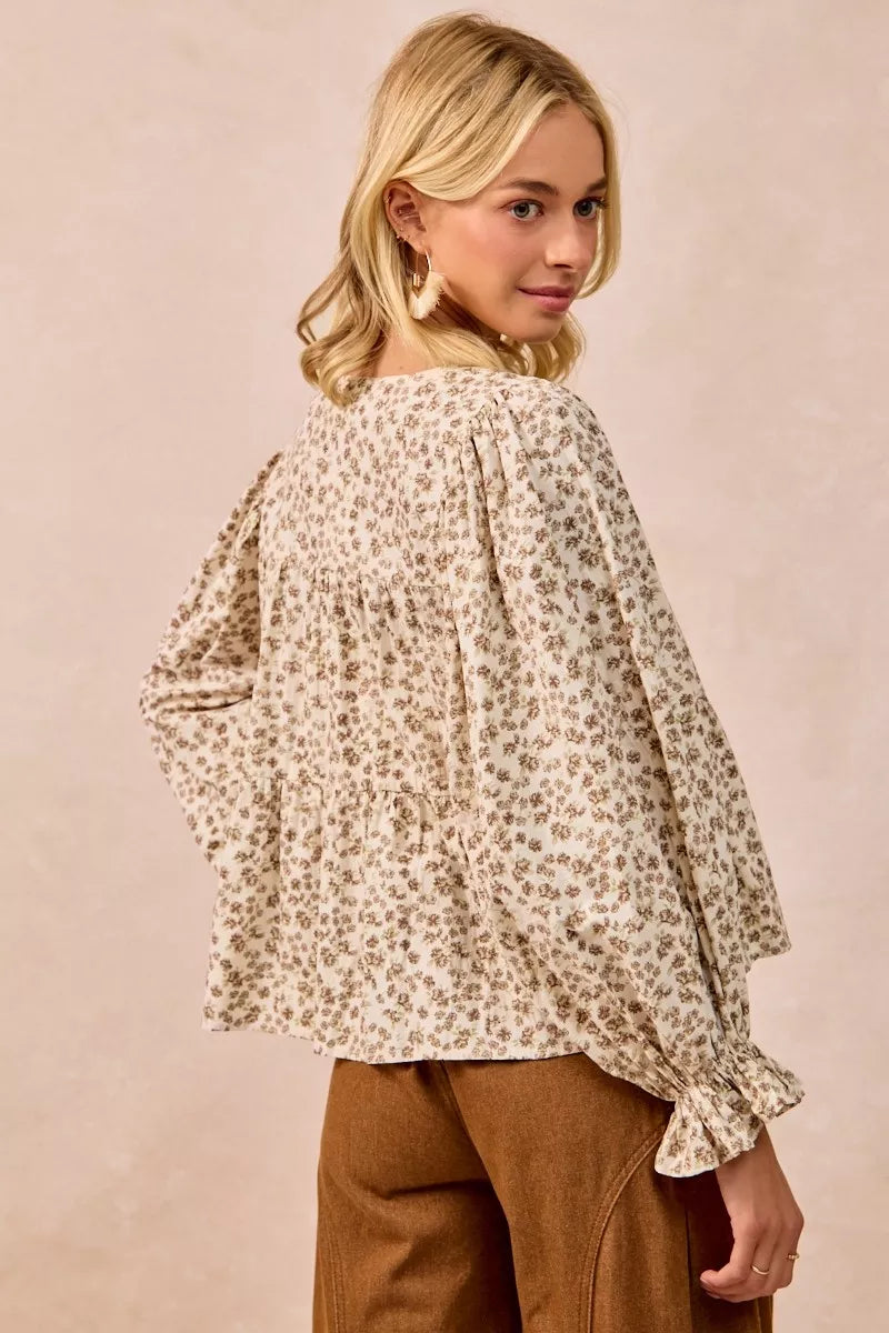 BiBi Floral Printed Peplum Blouse with Shirring and Tied