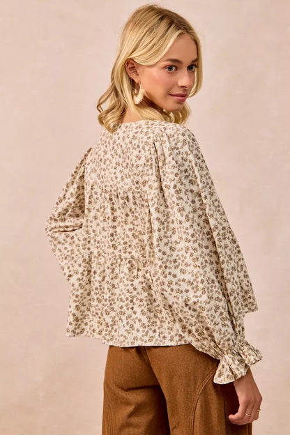 BiBi Floral Printed Peplum Blouse with Shirring and Tied