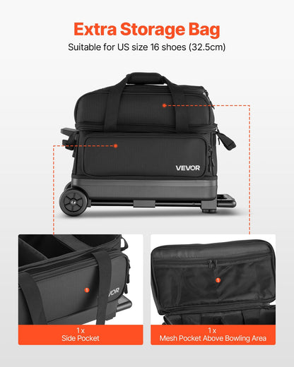 Bowling Ball Bag, 2 Ball Double Roller Bowling Bag With Wheels, Featuring A Separate Compartment For Shoes (Up To US Size 16) & Oversized Accessory Pocket, Retractable Handle Extends To 41.32 In
