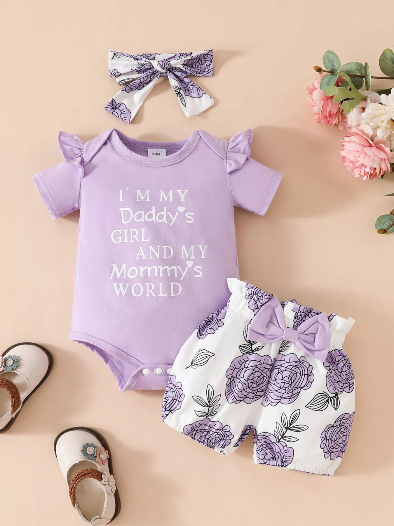 Children's Ruffled Bodysuit and Floral Shorts Set with Headband