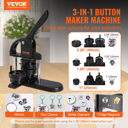 VEVOR Button Maker, 3-IN-1 Pin Maker, With 300pcs Button Parts, Button Maker Machine With Panda Magic Book, Ergonomic Handle Punch Press Kit, For Children DIY Gifts