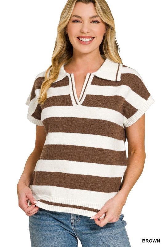 Zenana Striped Collared Short Sleeve Sweater