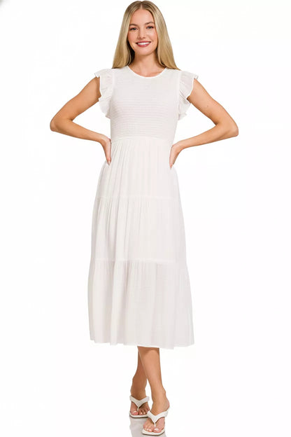 Zenana Woven Smocked Ruffle Sleeve Midi Dress