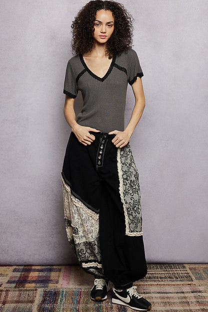 POL Lace Detail V-Neck Short Sleeve Textured T-Shirt