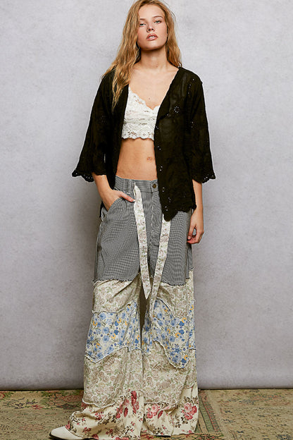 POL Floral Eyelet V-Neck Salloped Shirt