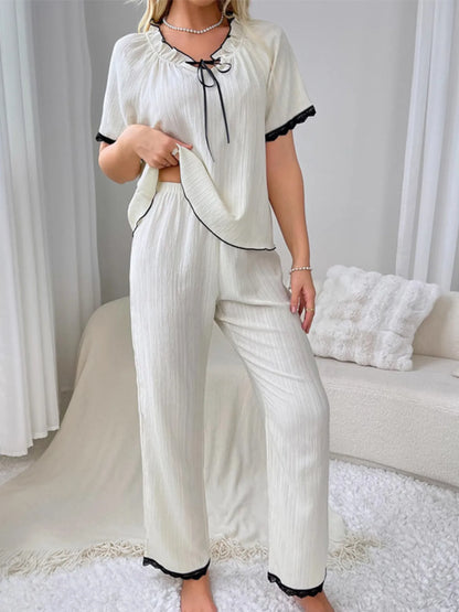 Contrast Trim Short Sleeve Top and Pants Set
