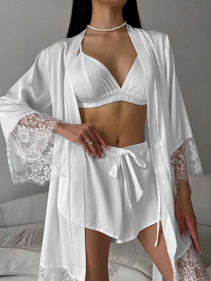 Cami & Lace Trim Cardigan & Shorts Lounge Set