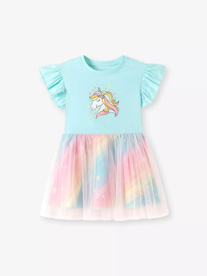 Children's Unicorn Graphic Rainbow Tulle Layered Dress