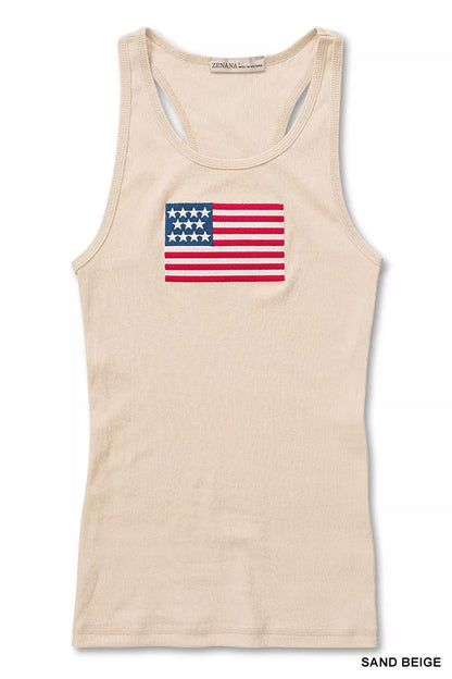 Zenana American Flag Embroidery Stretchy Ribbed Tank