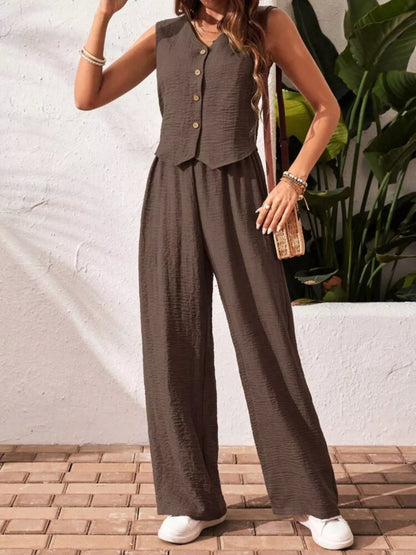 Button-Down Vest & Wide Leg Pants Set