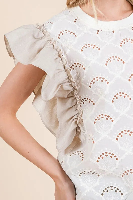 Lime 'N' Chili Ruffle Cap Sleeve Embroidered Eyelet Blouse