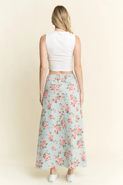 Jade By Jane Full Size Floral Print Front Slit Denim Maxi Skirt Plus Size
