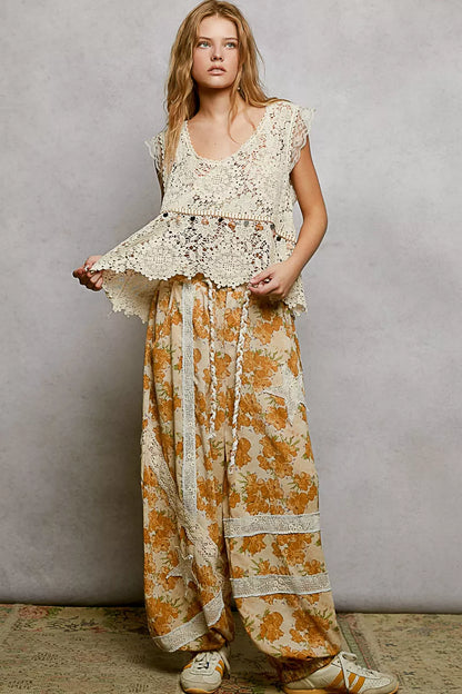 POL Lace Trim Openwork V-Neck Crochet Tank with Scalloped Edge