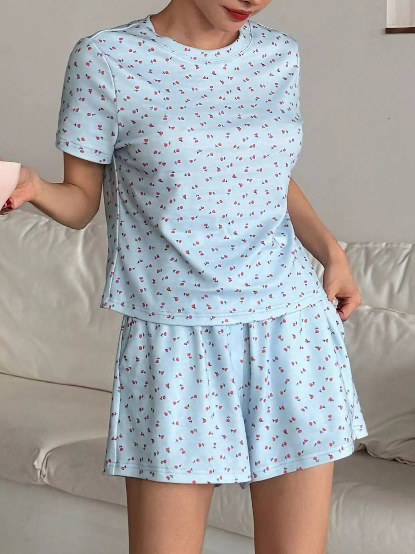 Floral Round Neck Top and Shorts Lounge Set