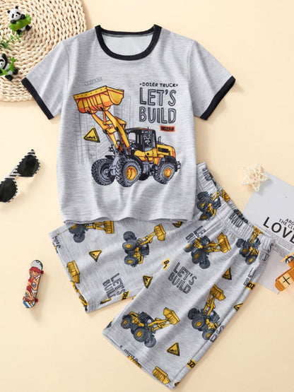 Children's Bulldozer Print Casual Tee and Shorts Set