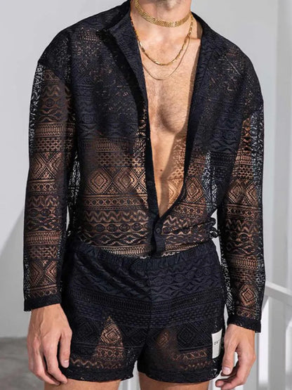 Men's Full Size Lace Button Down Top and Shorts Set Plus Size