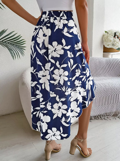 Floral Print Ruffle Hem Asymmetrical Skirt