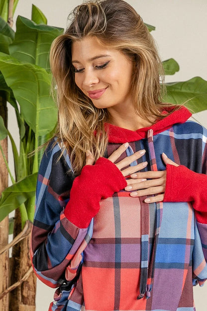BiBi Plaid Mirr Brushed Rib Contrast Thumb Open Hoodie