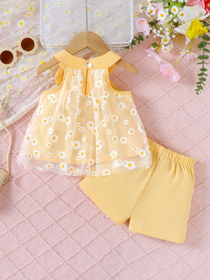Children's Daisy Print Bow Decor Tank Top & Shorts Set
