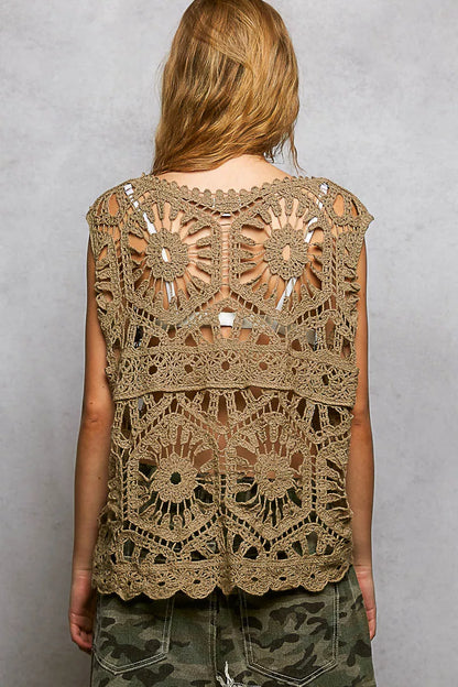 POL Openwork Round Neck Floral Crochet Tank