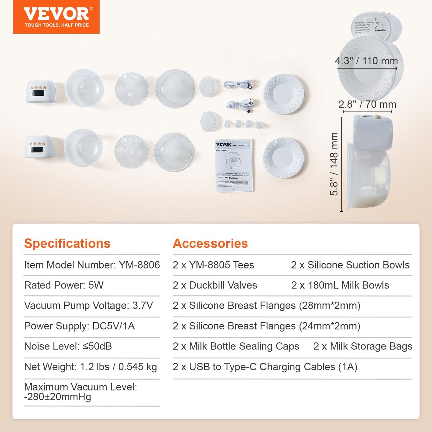 VEVOR BreastPump, Wearable Electric Breast Pumps Hands Free, 4 Mode  12 Levels, 300mmHg Strong Suction, Ultra-Quiet Rechargeable Portable BreastfeedingPump With LED Display, 24mm Insert 28mm Flange