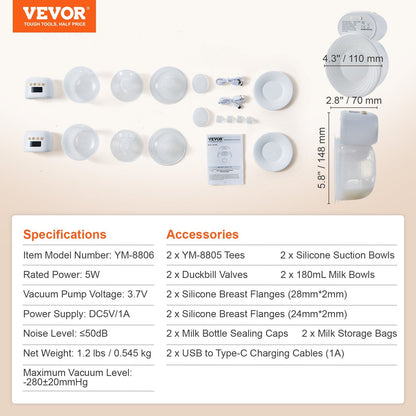VEVOR BreastPump, Wearable Electric Breast Pumps Hands Free, 4 Mode  12 Levels, 300mmHg Strong Suction, Ultra-Quiet Rechargeable Portable BreastfeedingPump With LED Display, 24mm Insert 28mm Flange