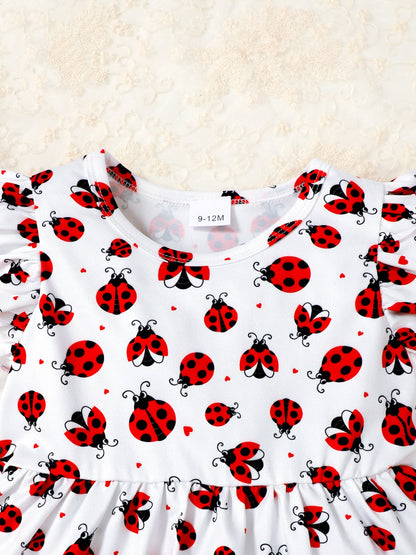 Children's Ladybug Print Ruffle Trim Top & Shorts & Headband Set