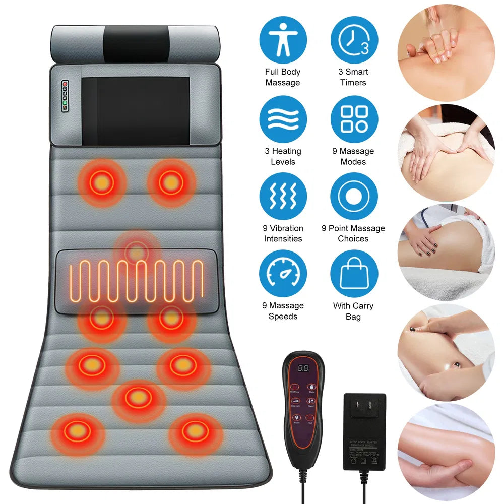 Vibration Massage Mat Full Body & Neck Kneading Massager - 20 Nodes, 3 Massage Modes&Speeds, 9 Vibration Settings, 3-Level Lumbar Heat, Inflatable Waist Pillow - Perfect Gift For Family