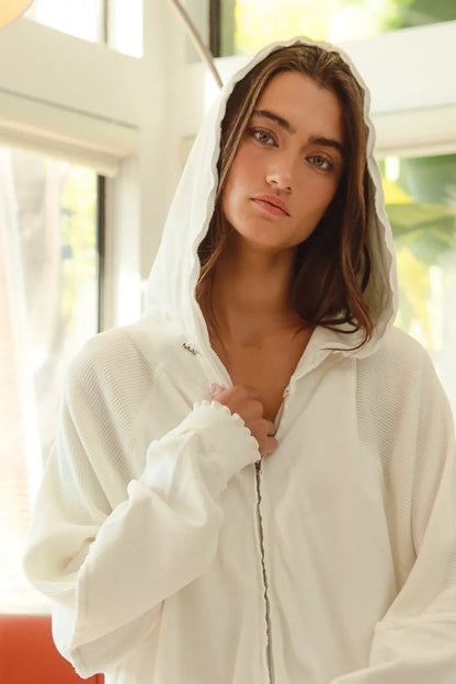 BiBi Waffle Thermal And Terry Mix Washed Zip Up Hoodie