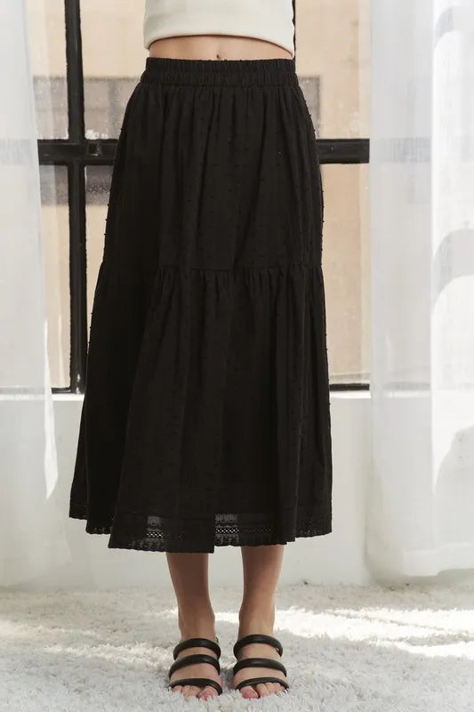 ADORA Elastic Waistband Tiered Midi Skirt