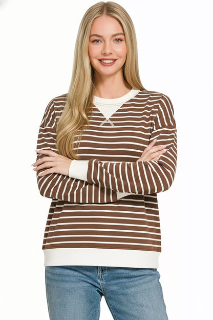 Zenana Contrast Striped Round Neck Sweatshirt