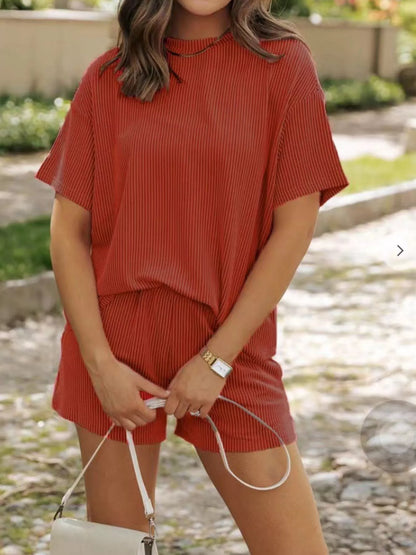 Full Size Ribbed Short Sleeve Top and Shorts Two-Piece Set Plus Size