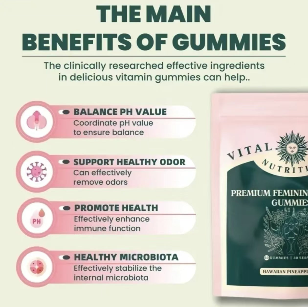 Vital Source Nutrition - Premium Feminine Balance Gummies - for Women’s Health & Wellness - Immune Support - Vegan, Gluten-Free - Hawaiian Pineapple - 60 Gummies - 30 Servings